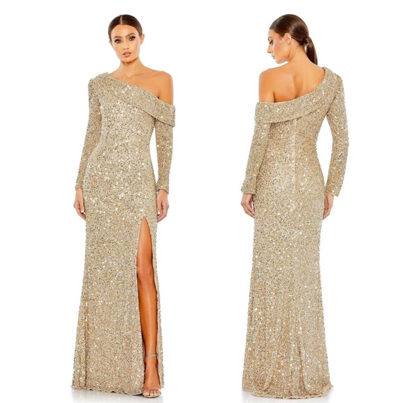 Mac Duggal | 5449 Sequined One Shoulder Evening Gown Simmering Gold Size 8 NWT - Picture 3 of 13